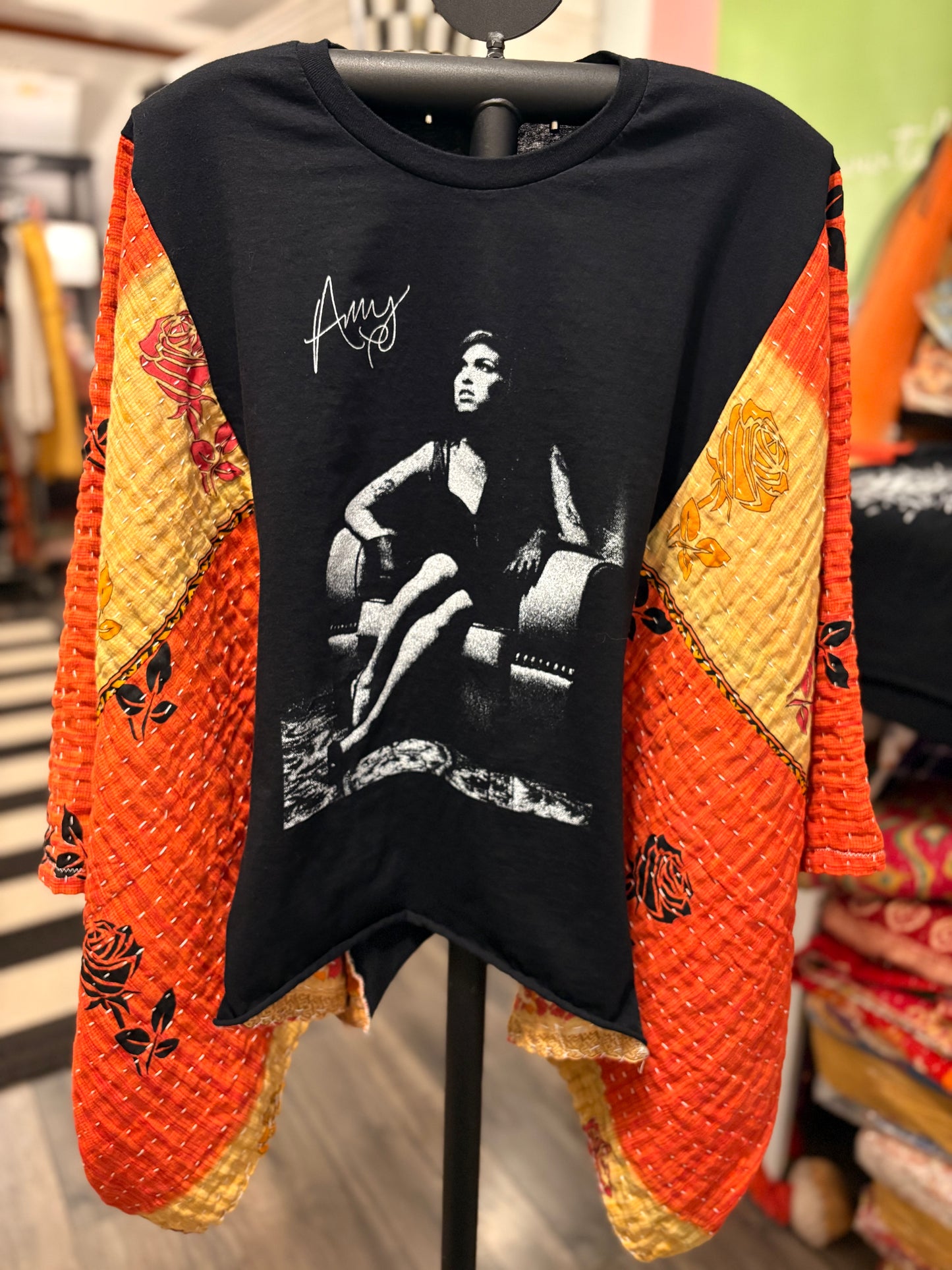 Back to Black Upcycled Vintage Kantha Quilt Poncho Tee One Size Fits a Small to XXL