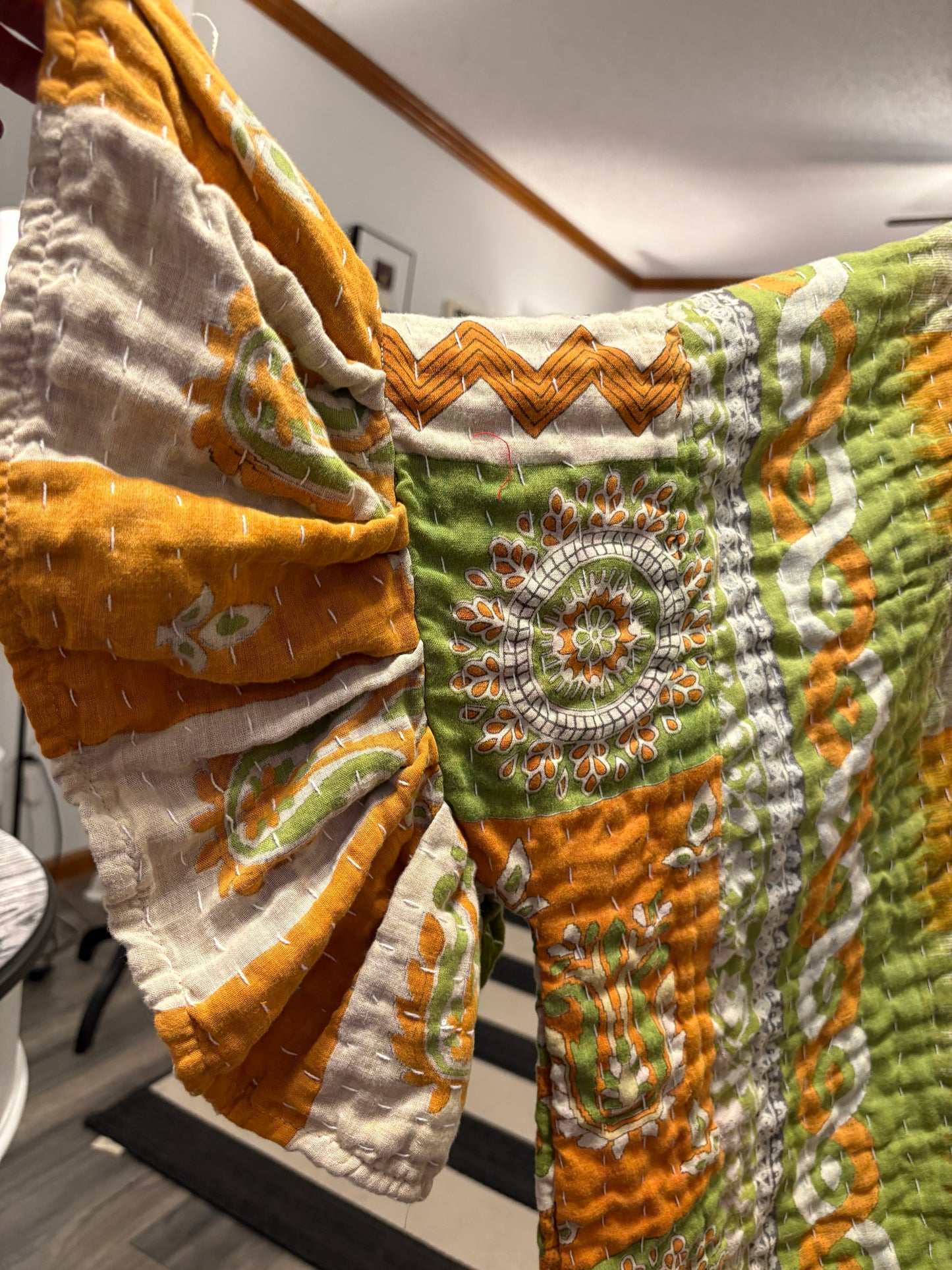 Grinchmas Upcycled Vintage Kantha Quilt Ruffle Sleeve Poncho Tee One Size Fits a Large to 3X