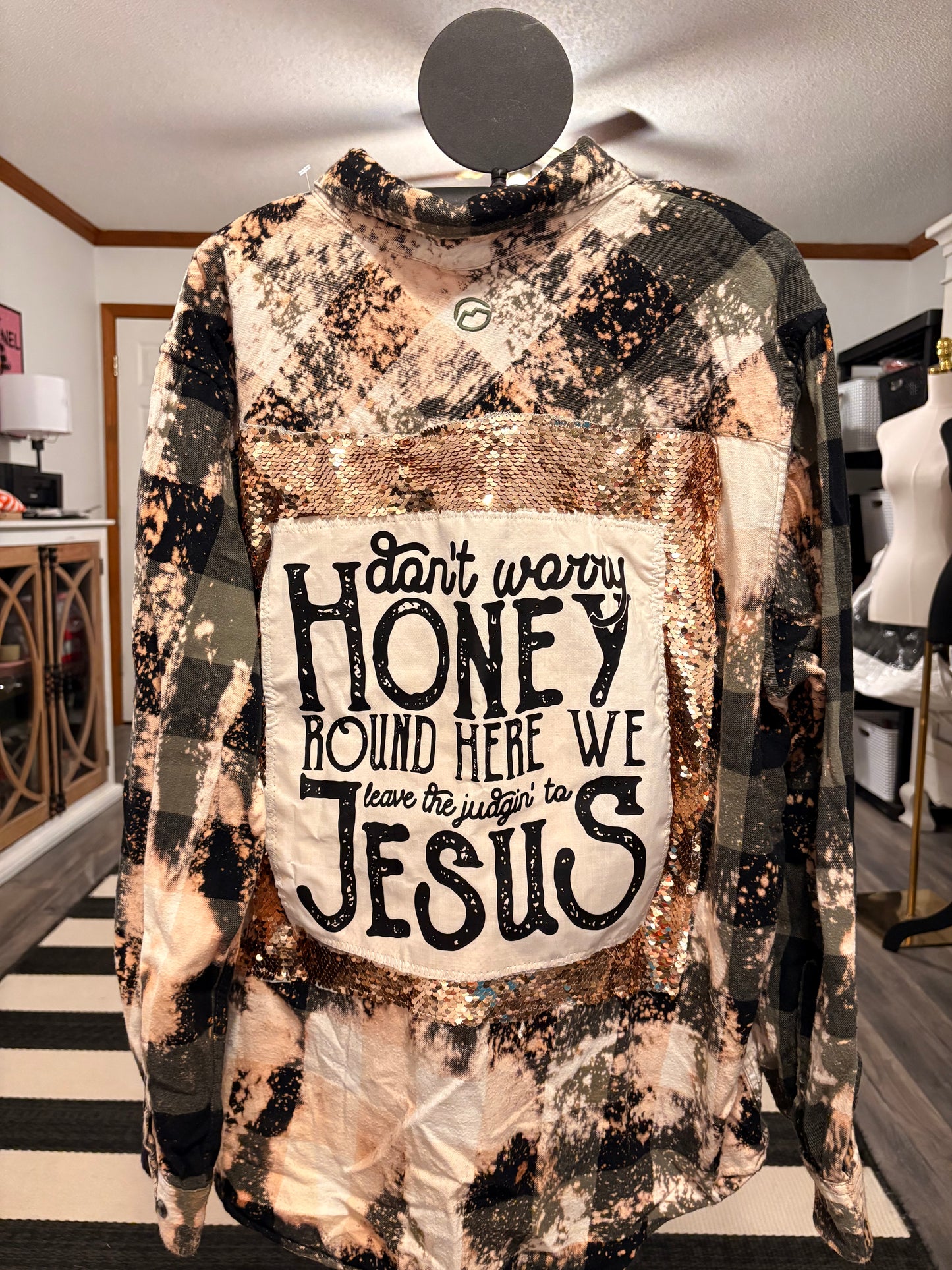Honey Jesus Flashy Flannel with Sequin Panel Small to XL 4-14