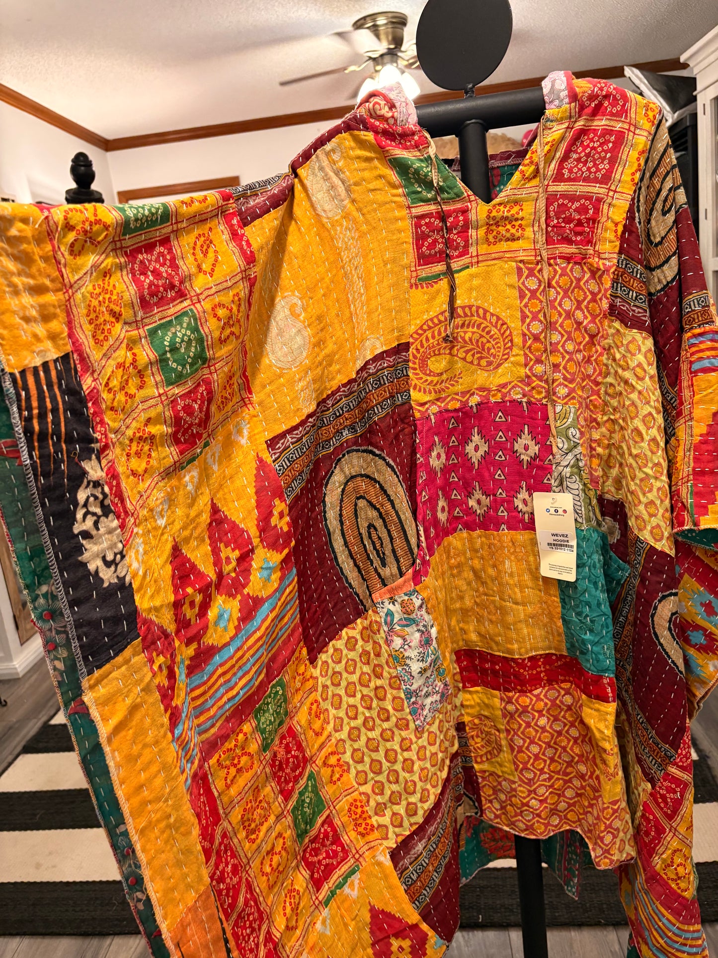 Patience Vintage Kantha Fabric Hood Oversized Poncho Top Dress One Size Fits Most