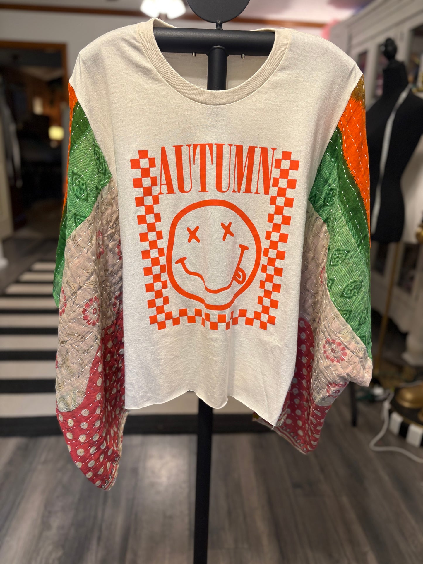 Autumn Upcycled Vintage Kantha Poncho Tee Fits A Size Small to XXL