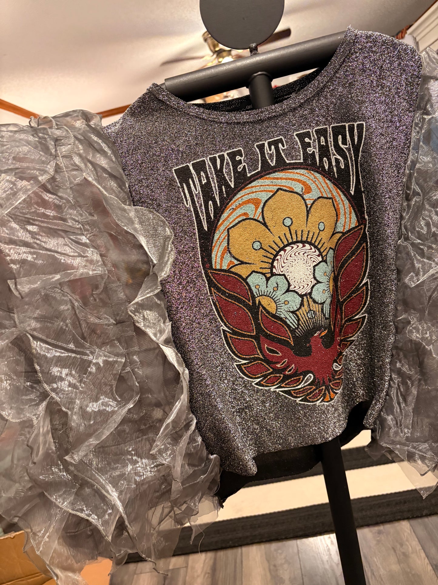 Take It Easy Rockstar Ruffle Top One Size Fits a Small to XL Cropped