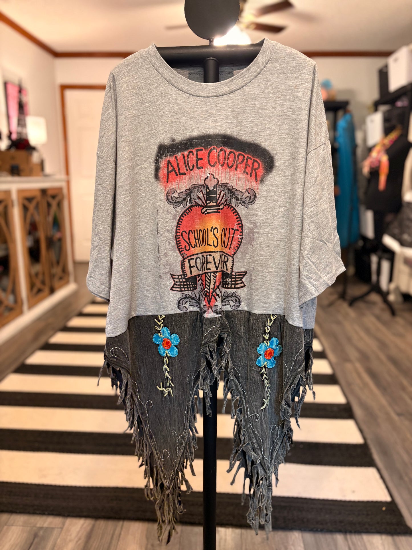 Schools Out Upcycled Fringed Bottom Tee Dress Fits a Small to 2X