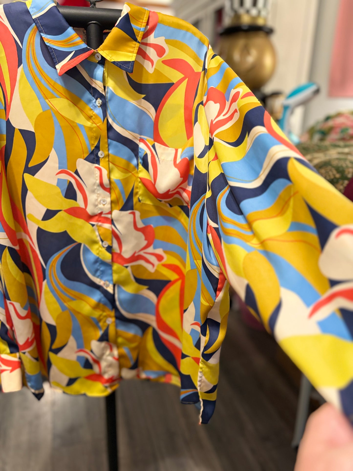 Easel Mirabelle Blue Mustard Satin Blouse Plus Size