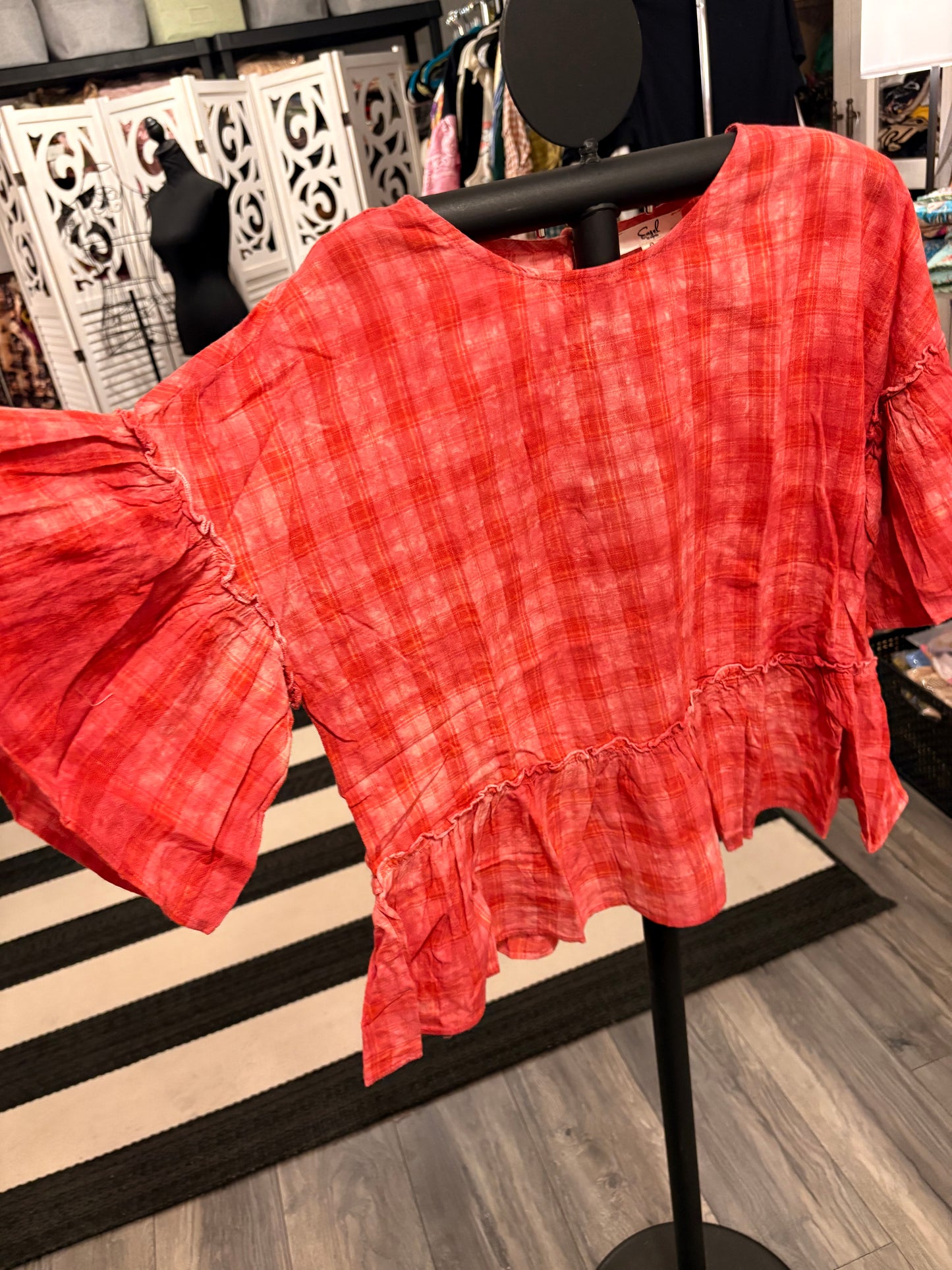 Raspberry Plaid Ruffle Top Small