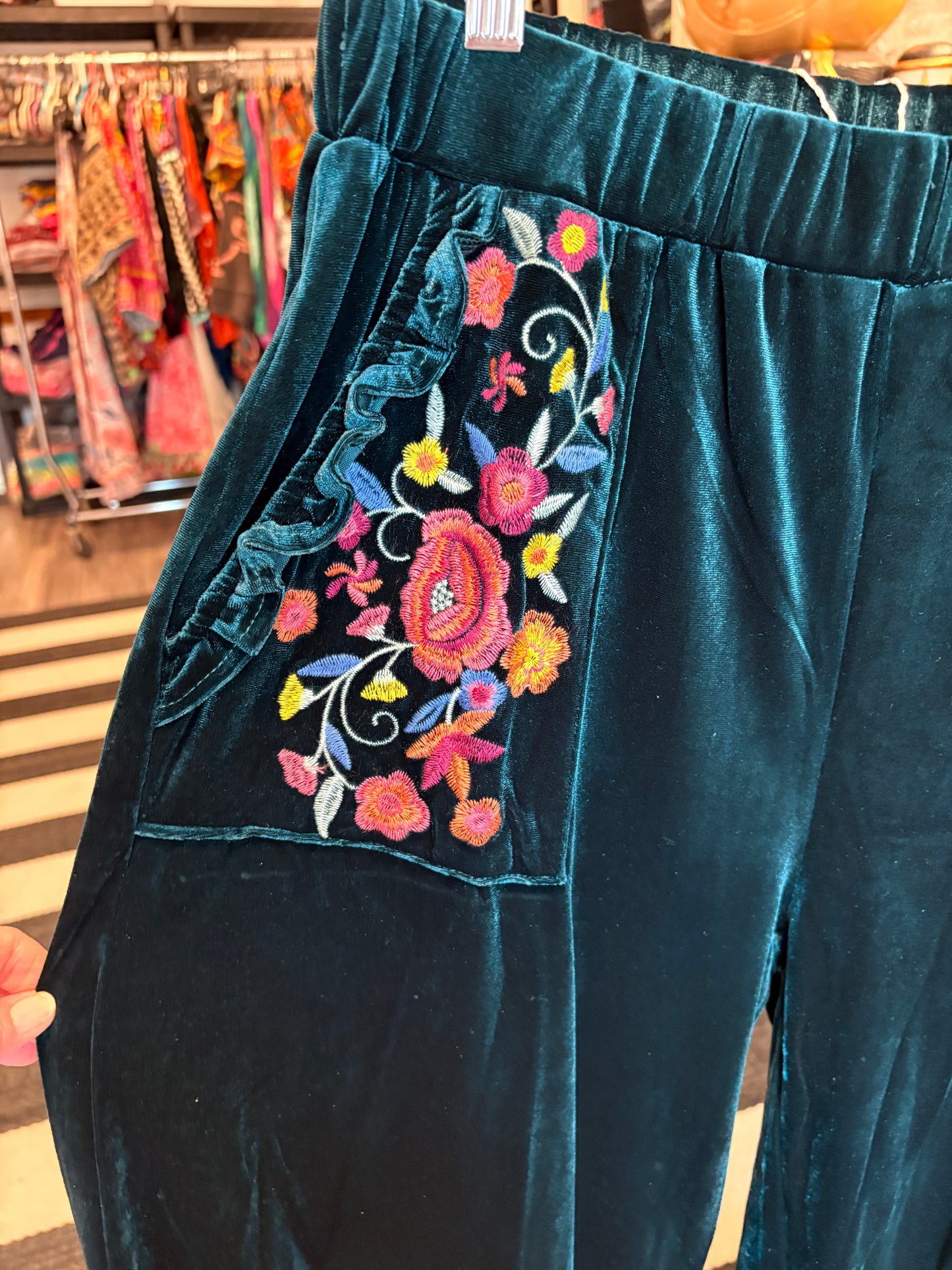 Teal Embroidered Velvet Ruffled Bottom Pants