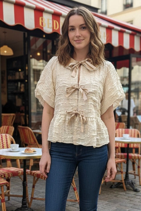 Camille Candlelight Ribbon Front Tie Ruffled Top