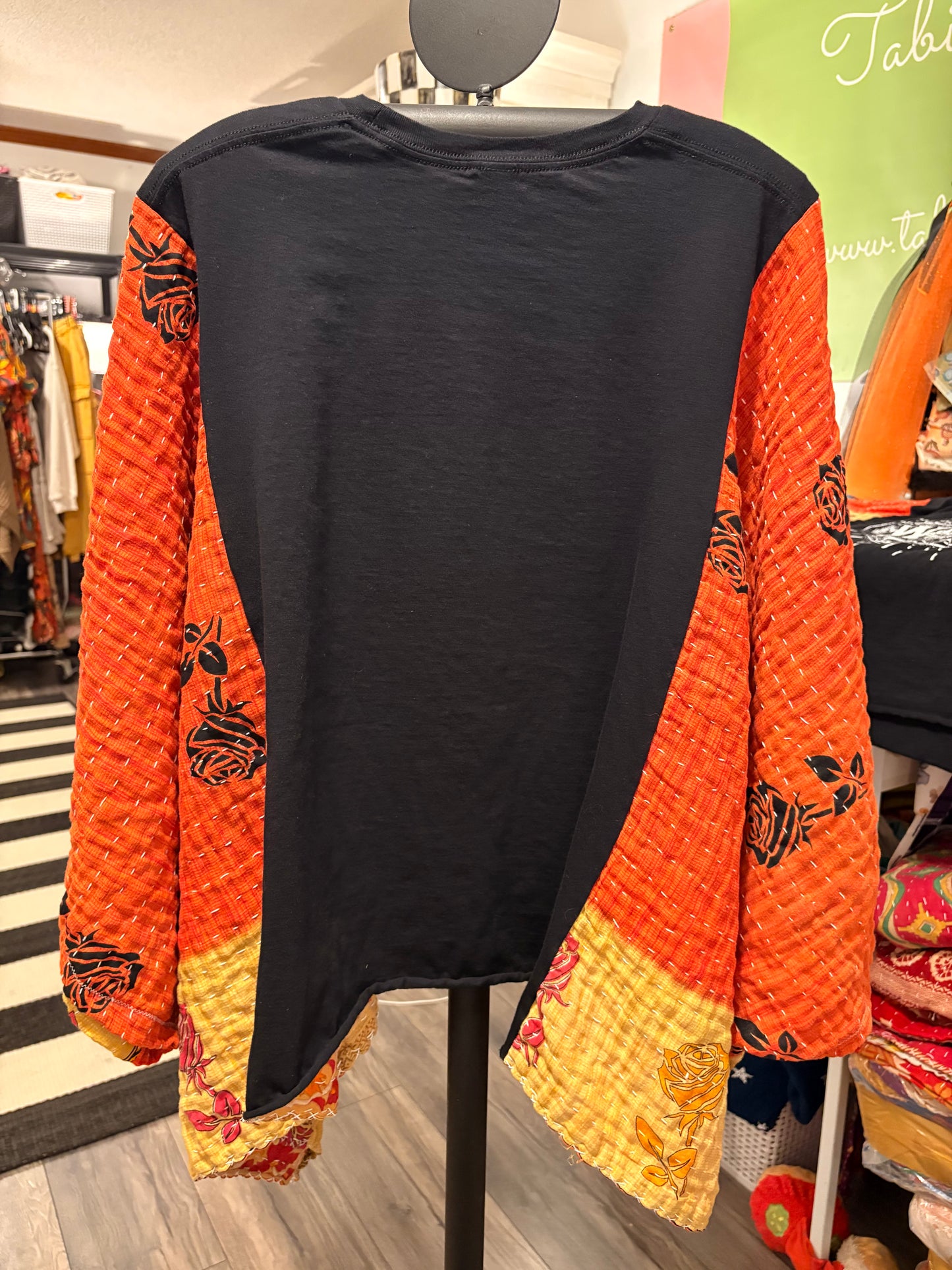 Back to Black Upcycled Vintage Kantha Quilt Poncho Tee One Size Fits a Small to XXL