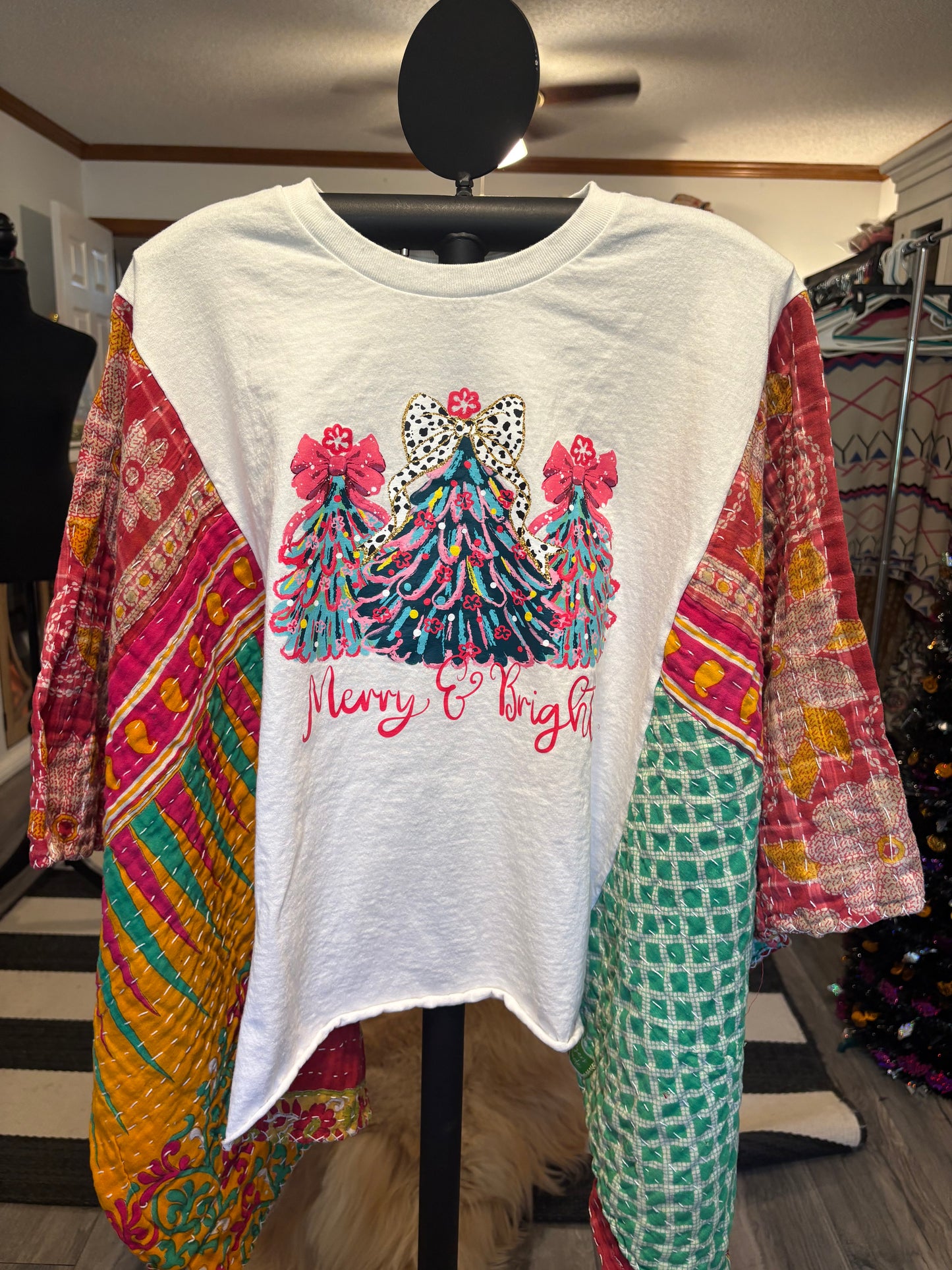 Merry Bright Upcycled Vintage Kantha Poncho Tee Fits A Small to XL