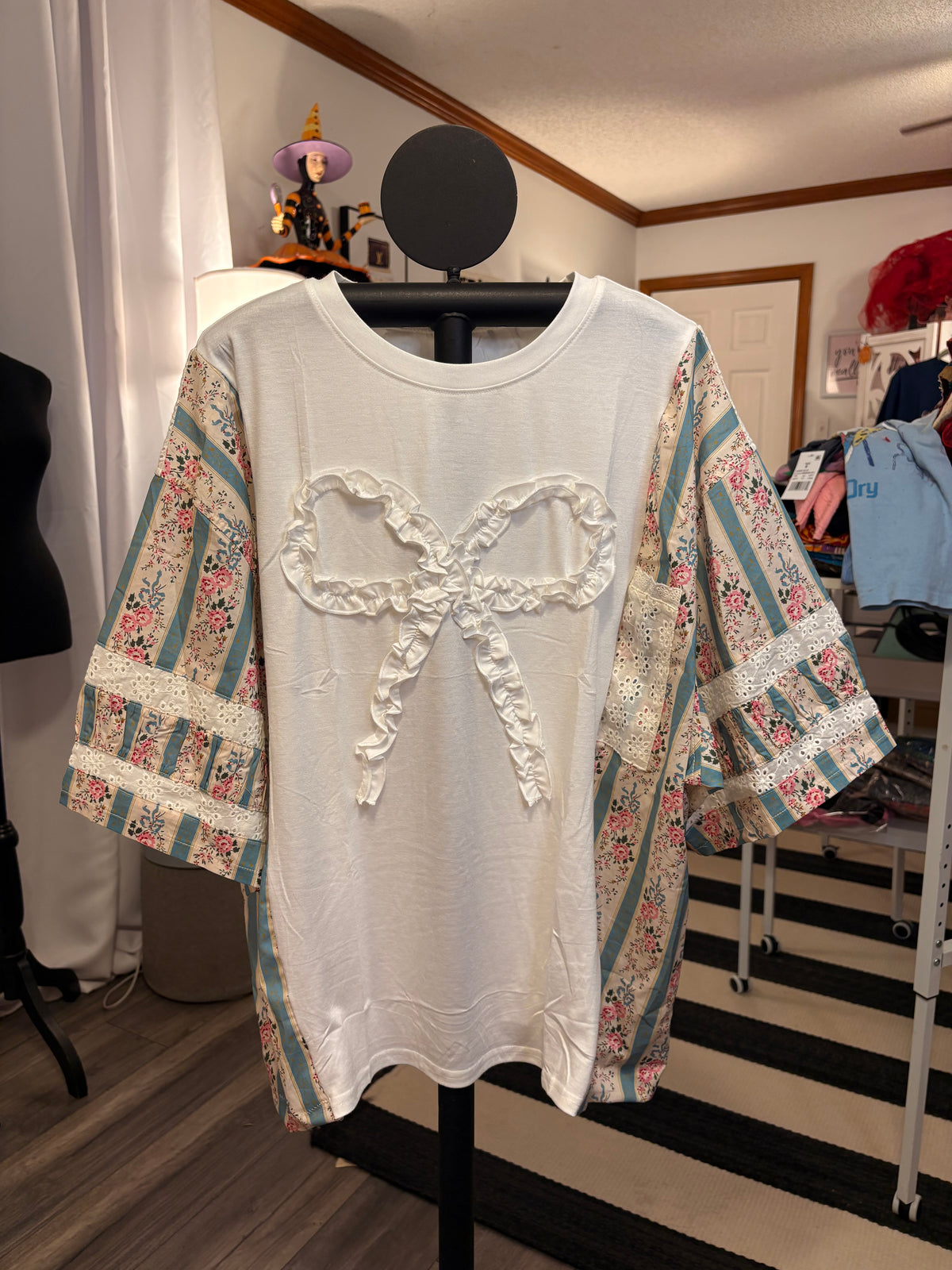 Agatha Eyelet and Bow Drop Sleeve Tee One Size Fits A Small to 2X