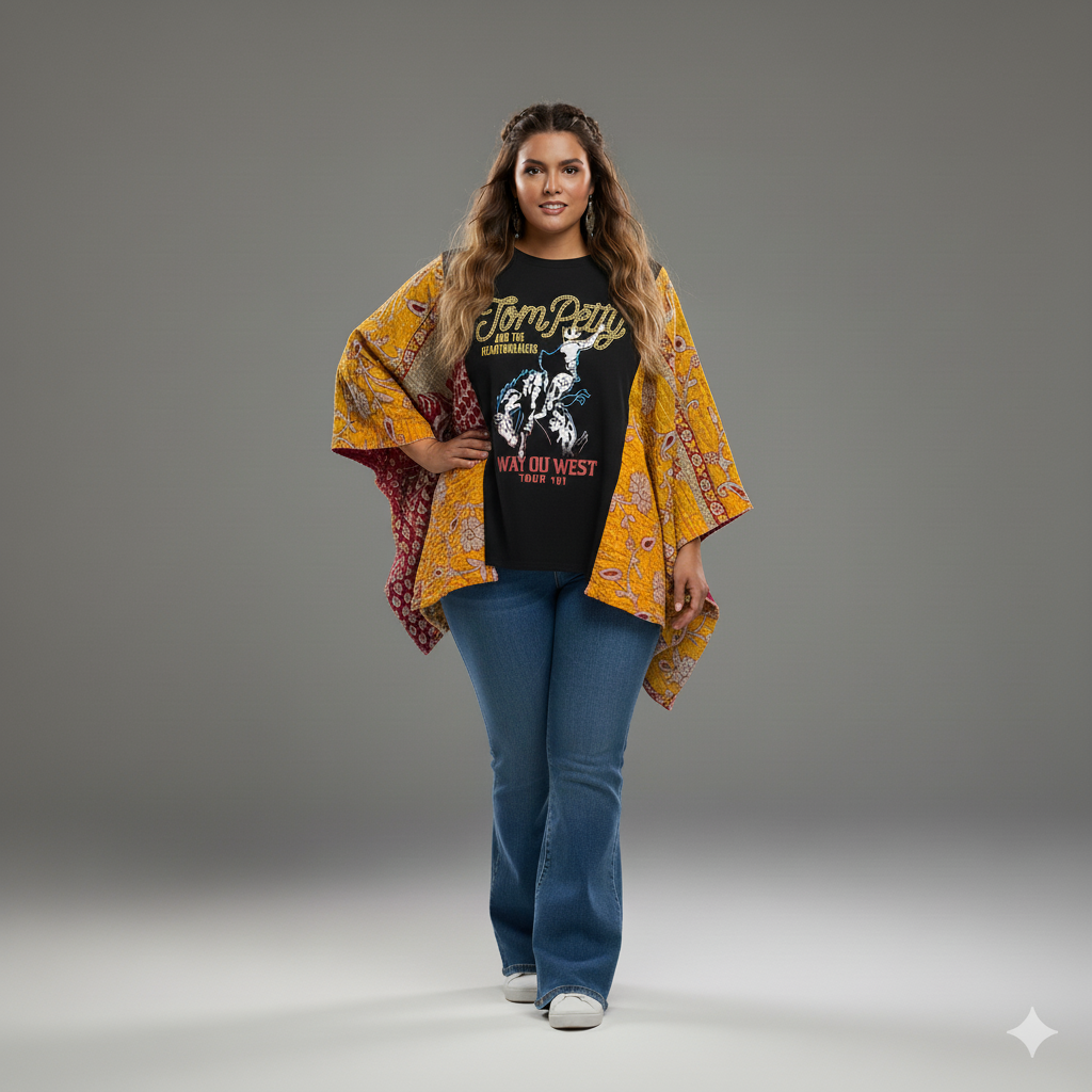 Tom Petty Upcycled Vintage Kantha Poncho Tee Fits A Small to XL