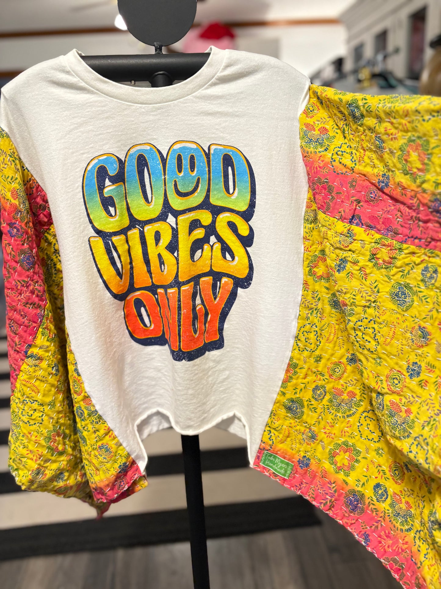 Good Vibes Upcycled Vintage Kantha Poncho Tee Fits A Size Small to XXL