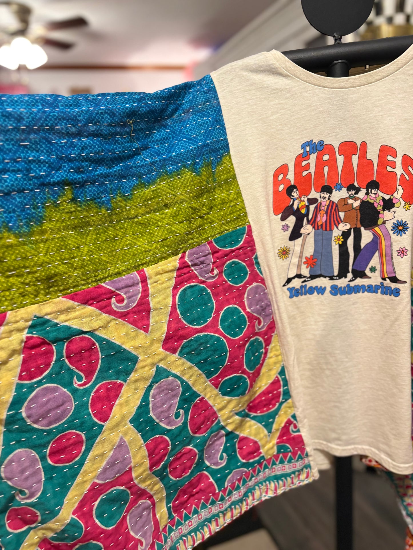 Yellow Submarine Upcycled Vintage Kantha Poncho Tee Fits A Size Small to 3X