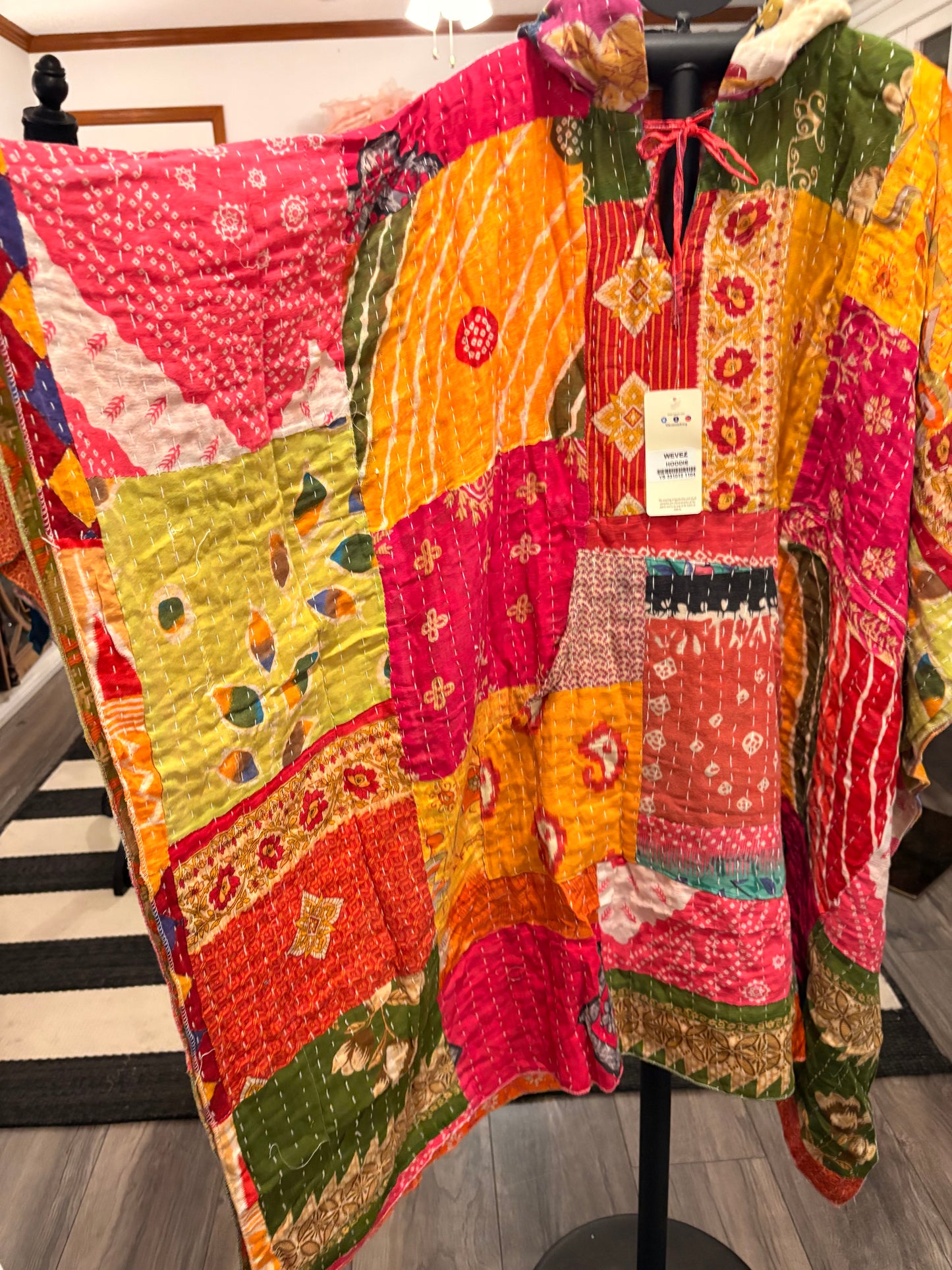 Hope Vintage Kantha Fabric Hood Oversized Poncho Top Dress One Size Fits Most