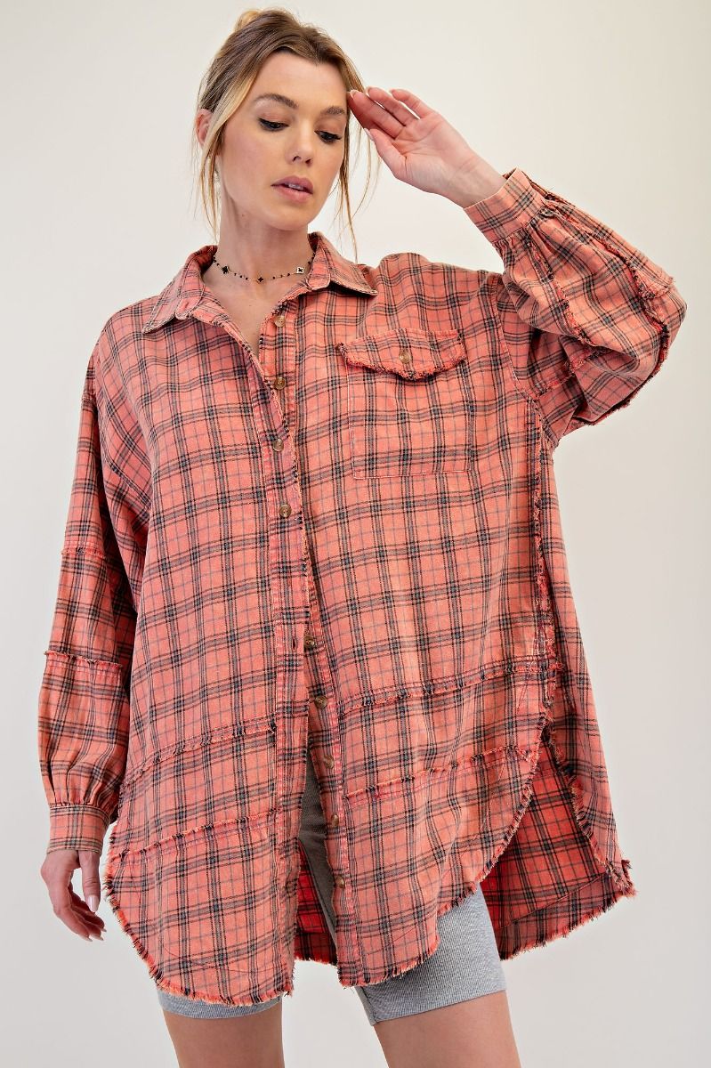 Coral Plaid Frayed Long Flannel