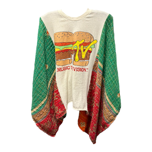 MTV Burger Upcycled Vintage Kantha Poncho Tee Fits A Size Small to XXL