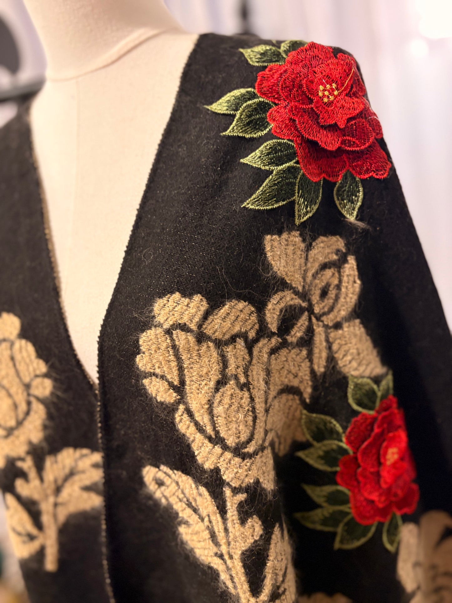 The Rose Hand Embroidered Poncho by Aratta One Size Fits a Small to 3X