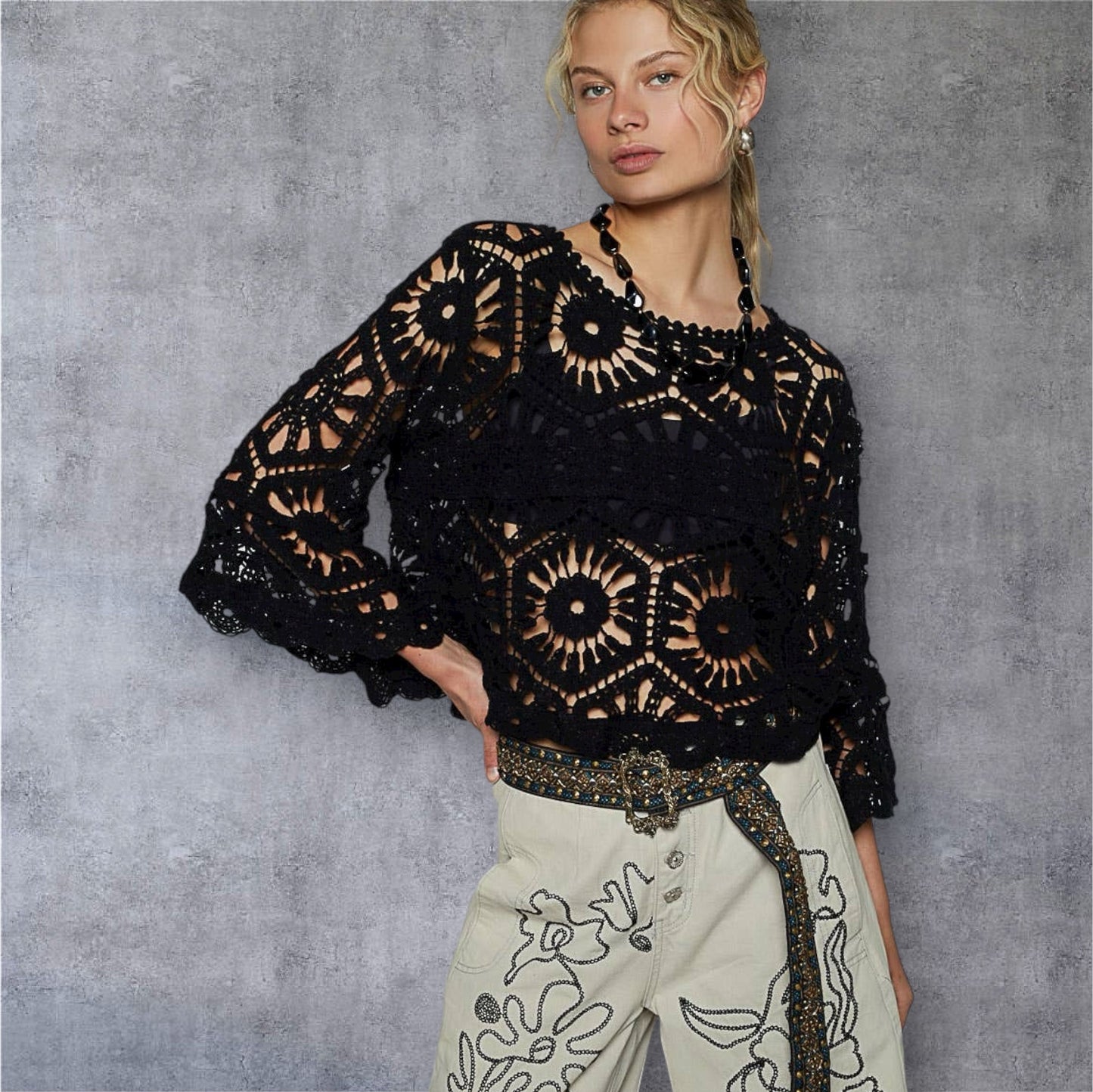 Black Crochet Crop Top 3/4 Sleeve OS Fits Size 2-14