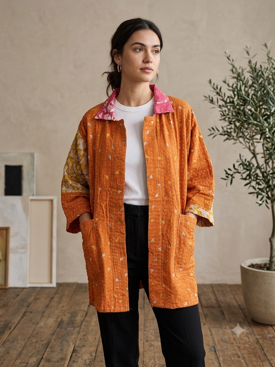 Donna Vintage Printed Cotton Kantha Jacket One Size Fits Small to 2X