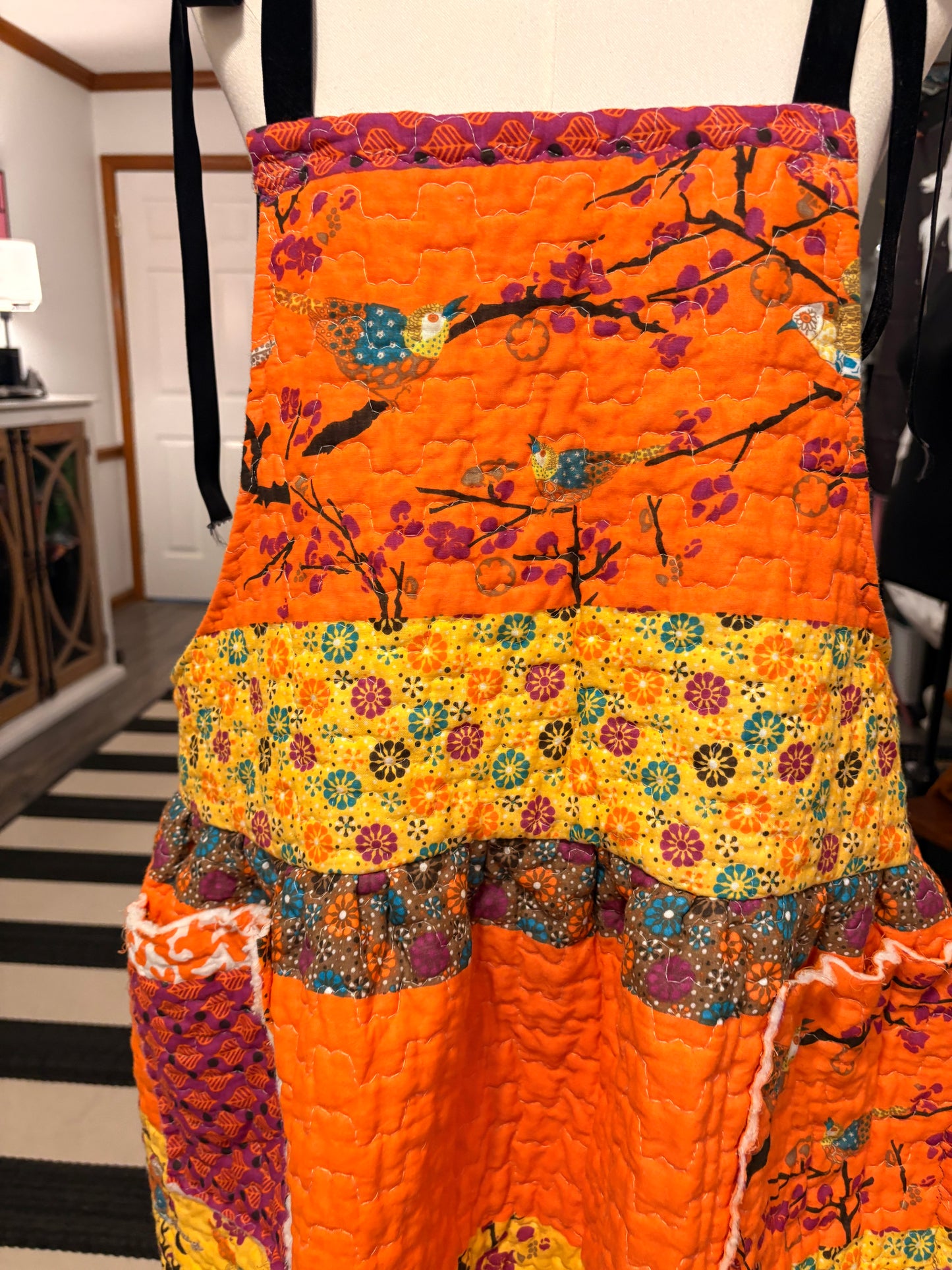 Mandarin Day Upcycled Quilt Art Smock with Pockets One Size Fits a Small to XL Oversized!