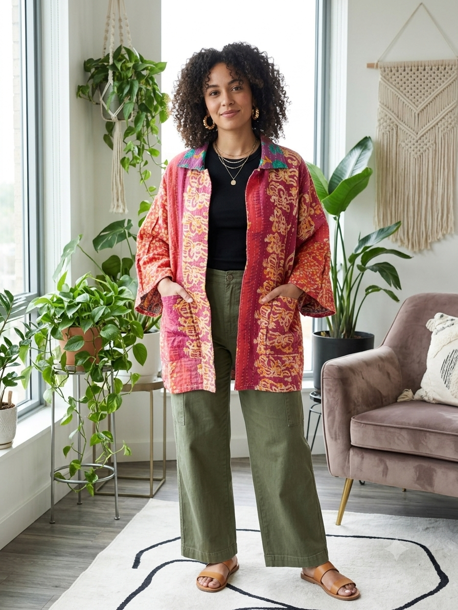 Jessica Vintage Printed Cotton Kantha Jacket One Size Fits Small to 2X