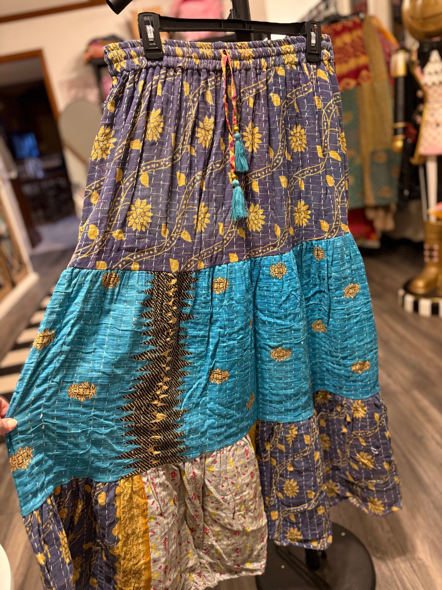 Vintage Kantha Boho Long Maxi Skirt with Pockets