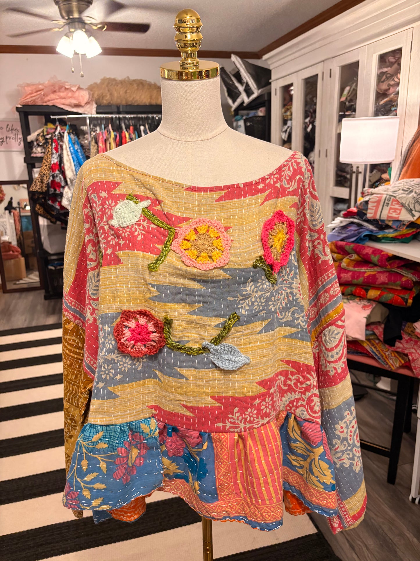 Crochet and Kantha Ruffled Hi/Lo Top