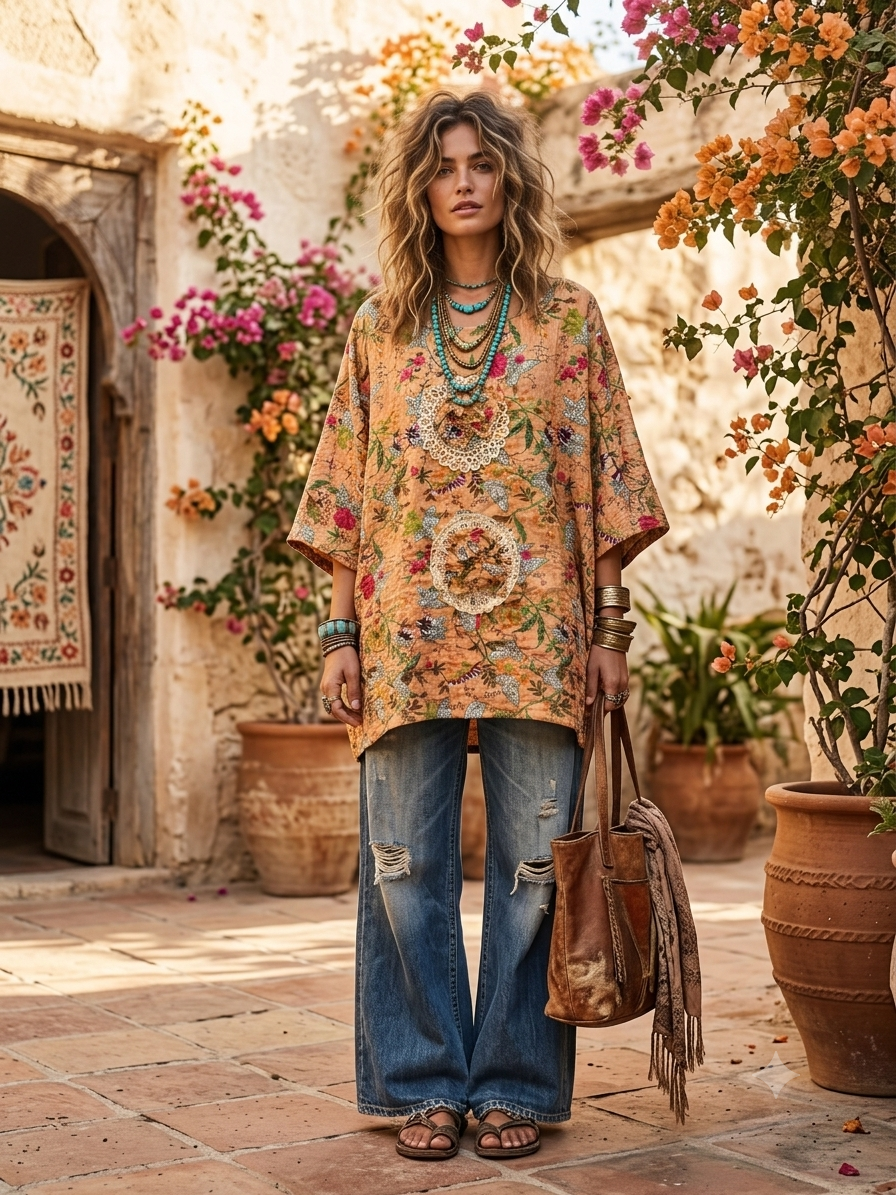 Meredith Cabbage Rose and Crochet Kantha Top One Size Fits a Small to 3X