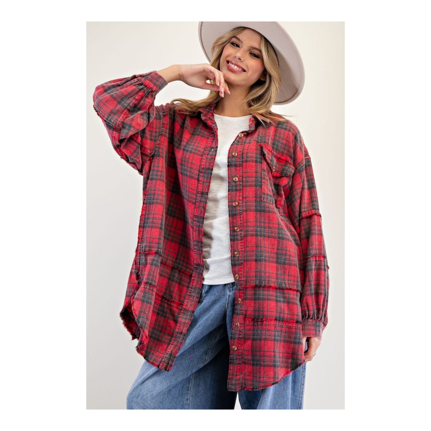 Red Plaid Frayed Long Flannel