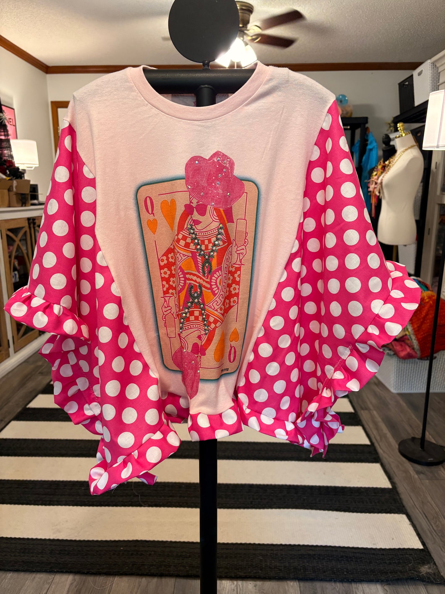 Queen of Hearts and Sparkles Upcycled Ruffled Boxy Top One Size Fits a Small to XXL