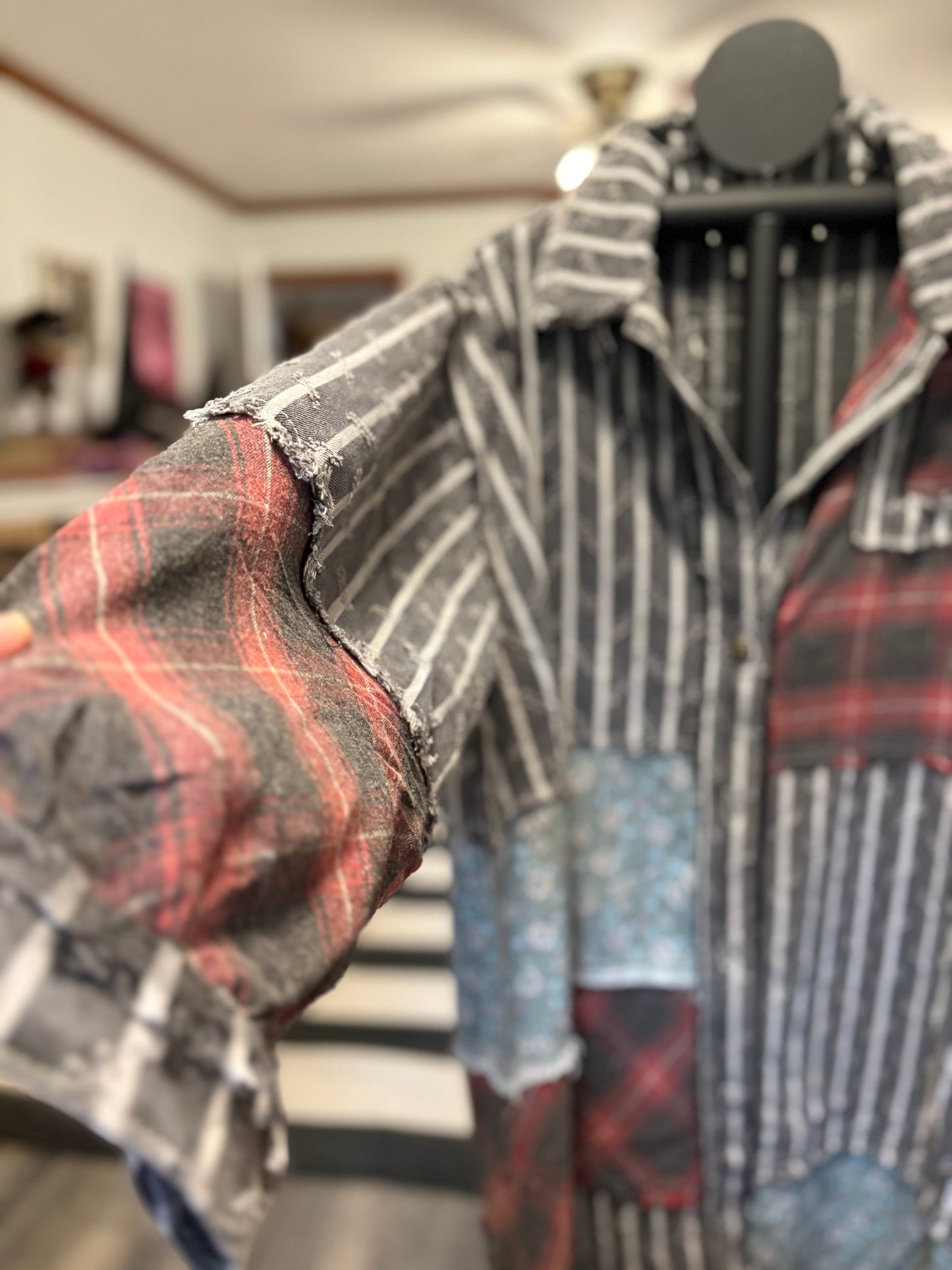Star patches color block long button down jacket: BLACK STRIPE Medium