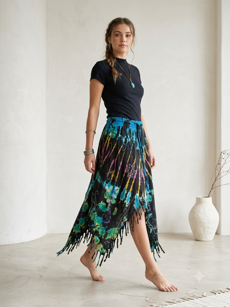 Blue Fairy Cotton Hippie Handmade Floral Embroidered Stone Washed Fringe Skirt: Tie Dye One Size Fits Small to XL