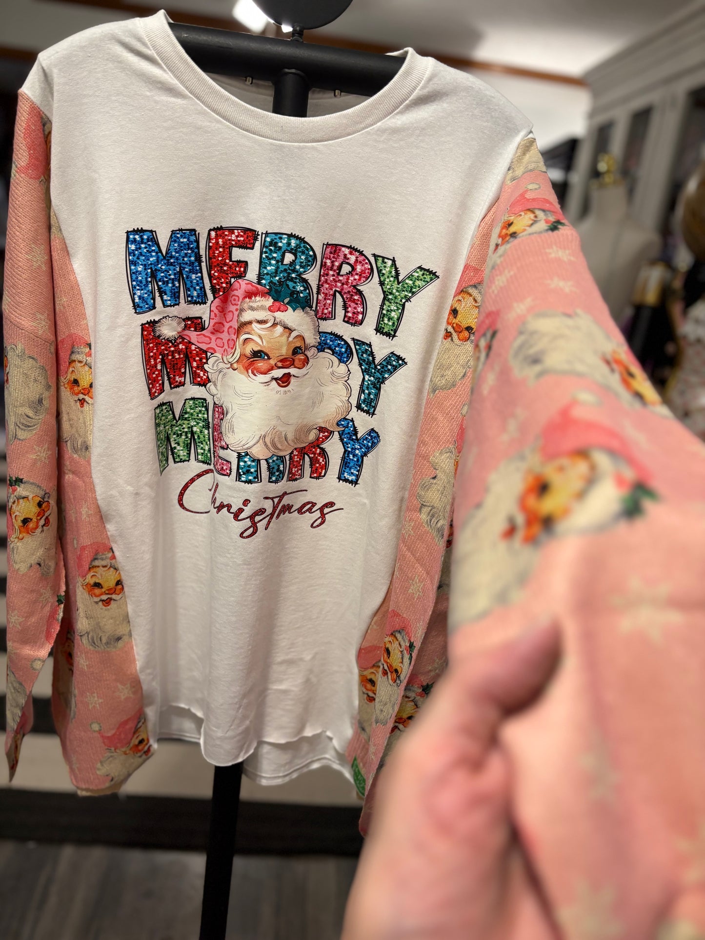 Merry Merry Merry Upcycled Drop Sleeve Tee Sweater One Size Fits a Small to XXL