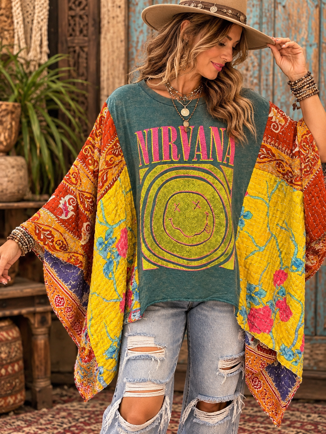 Come As You Are Vintage Kantha Poncho One Size Fits a Small to XXL