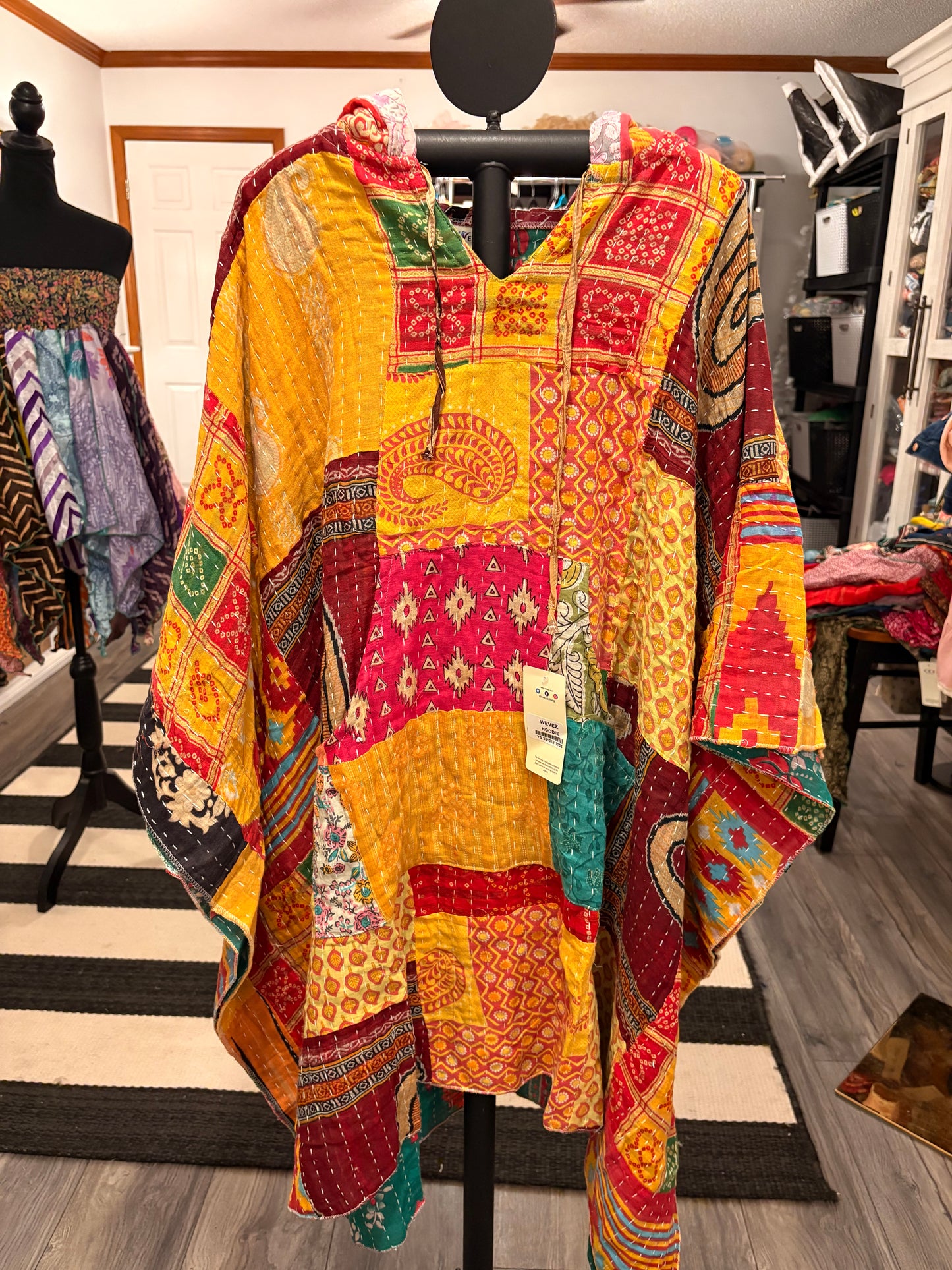 Patience Vintage Kantha Fabric Hood Oversized Poncho Top Dress One Size Fits Most