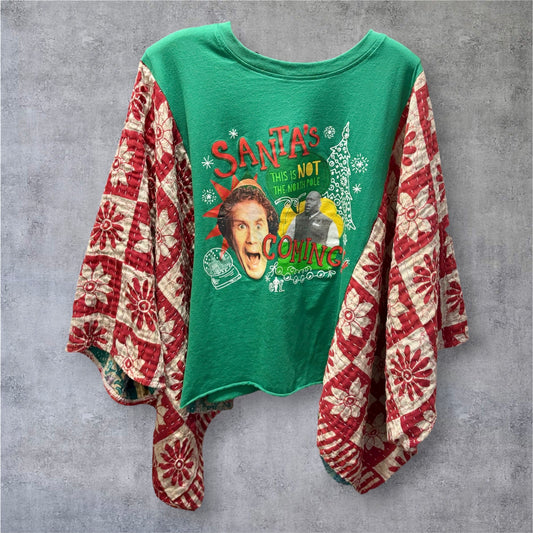 Santa’s Coming Vintage Kantha Quilt Poncho Tee One Size Fits a Small to XXL