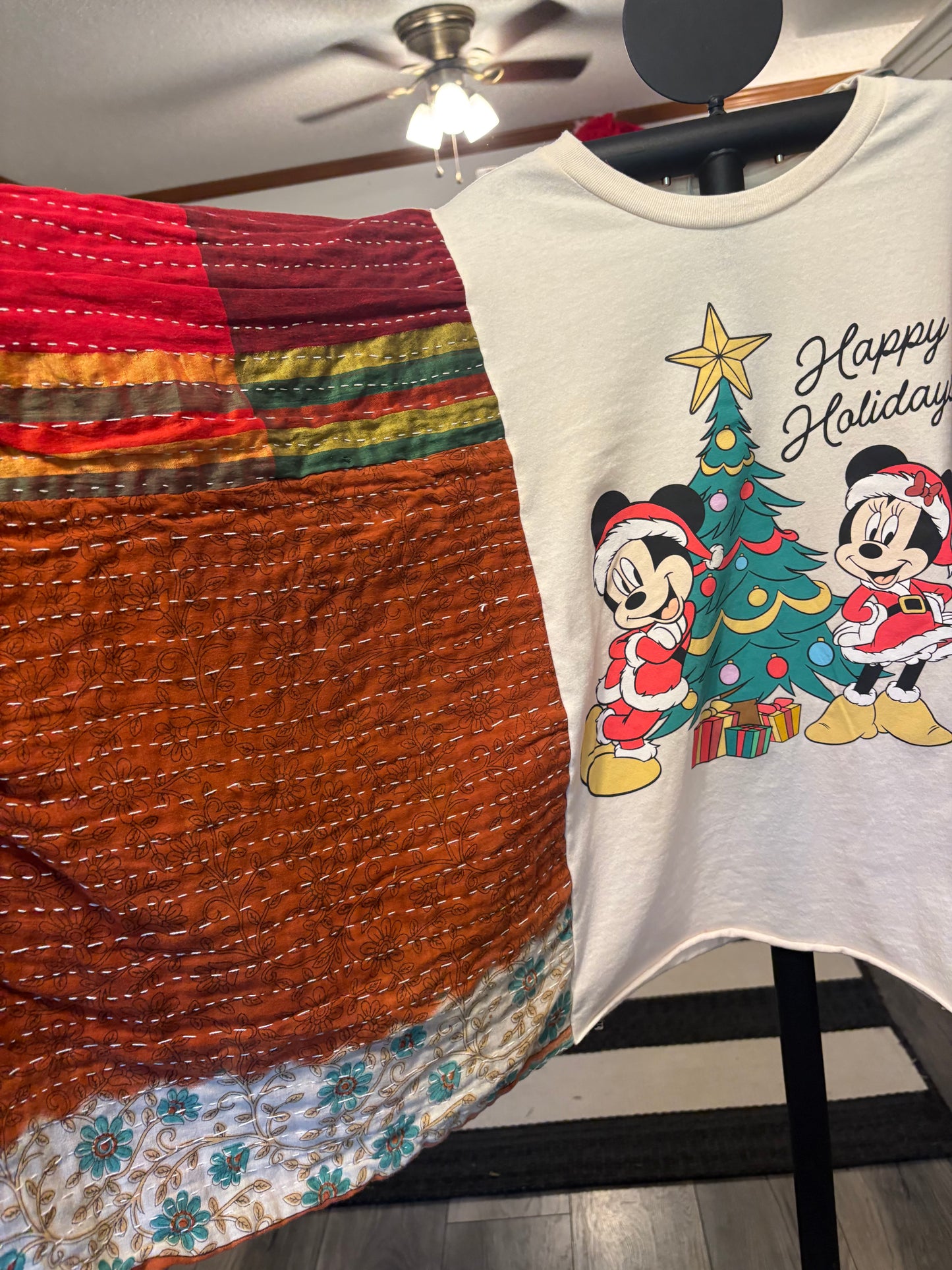 Mickey Christmas Upcycled Vintage Kantha Poncho Tee Fits A Size Small to XXL