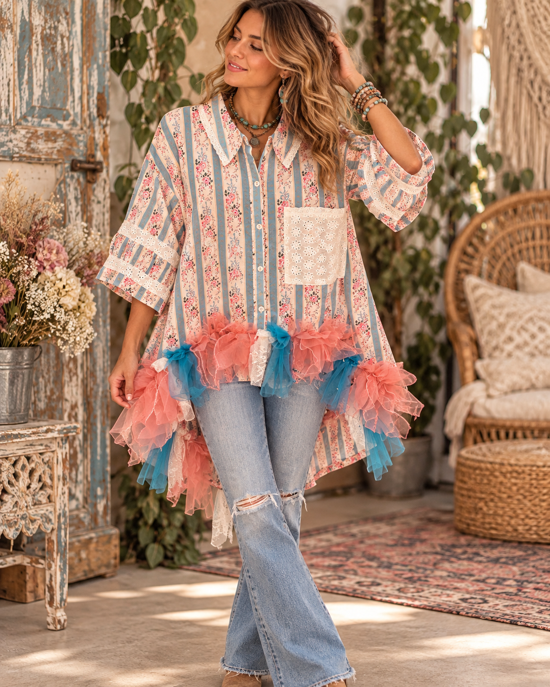 On the Prairie Fringe Hi/Lo Button Down One Size Fits Small to XXL