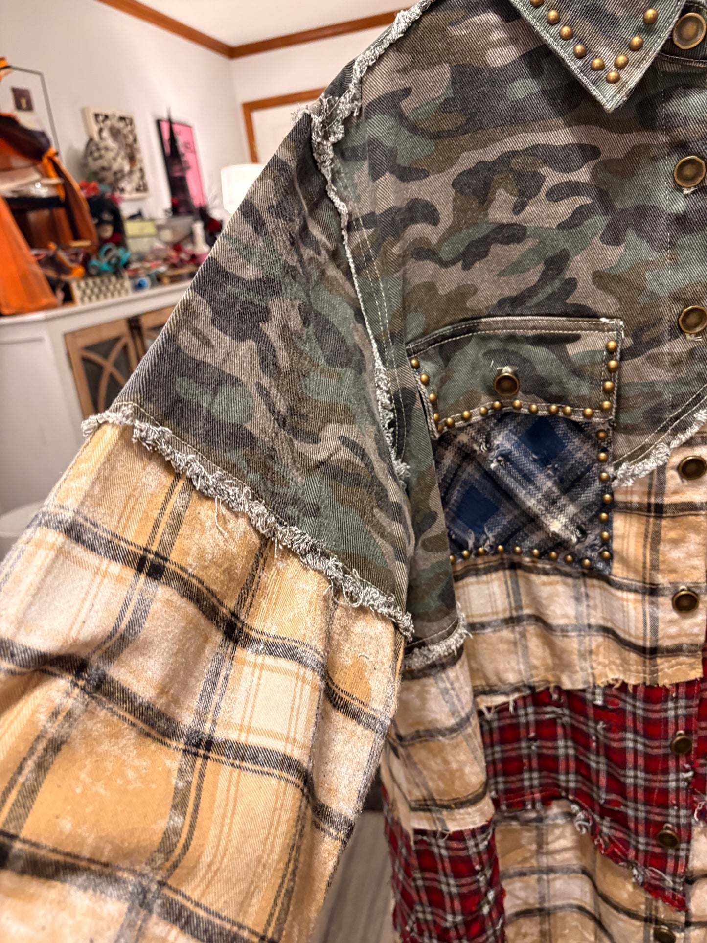Long Sleeve Plaid Woven Varied Patchwork Maxi Shirt Jacket: CAMO MULTI / M