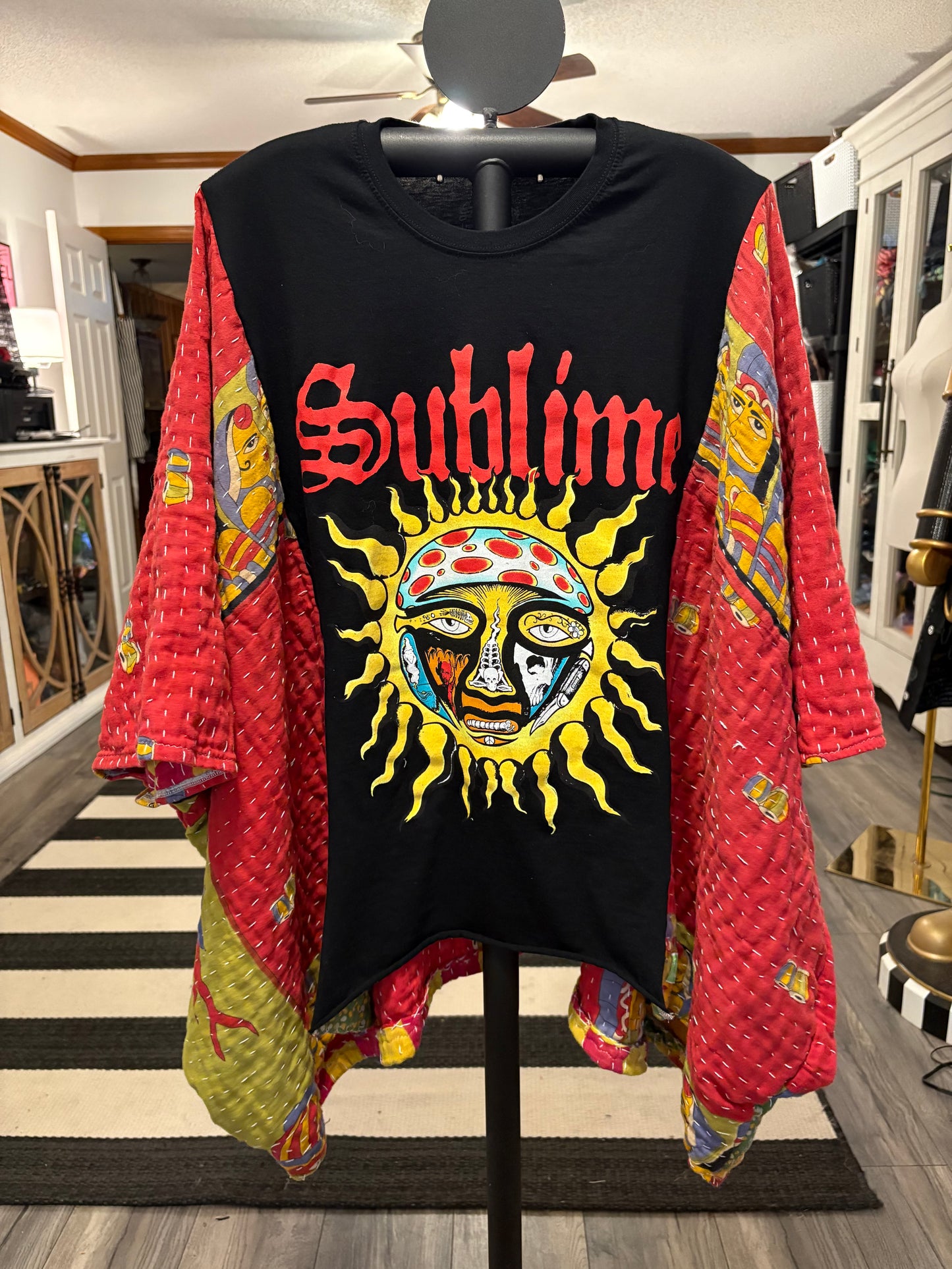 What I Got Upcycled Vintage Kantha Quilt Poncho Tee One Size Fits a Large to 3X