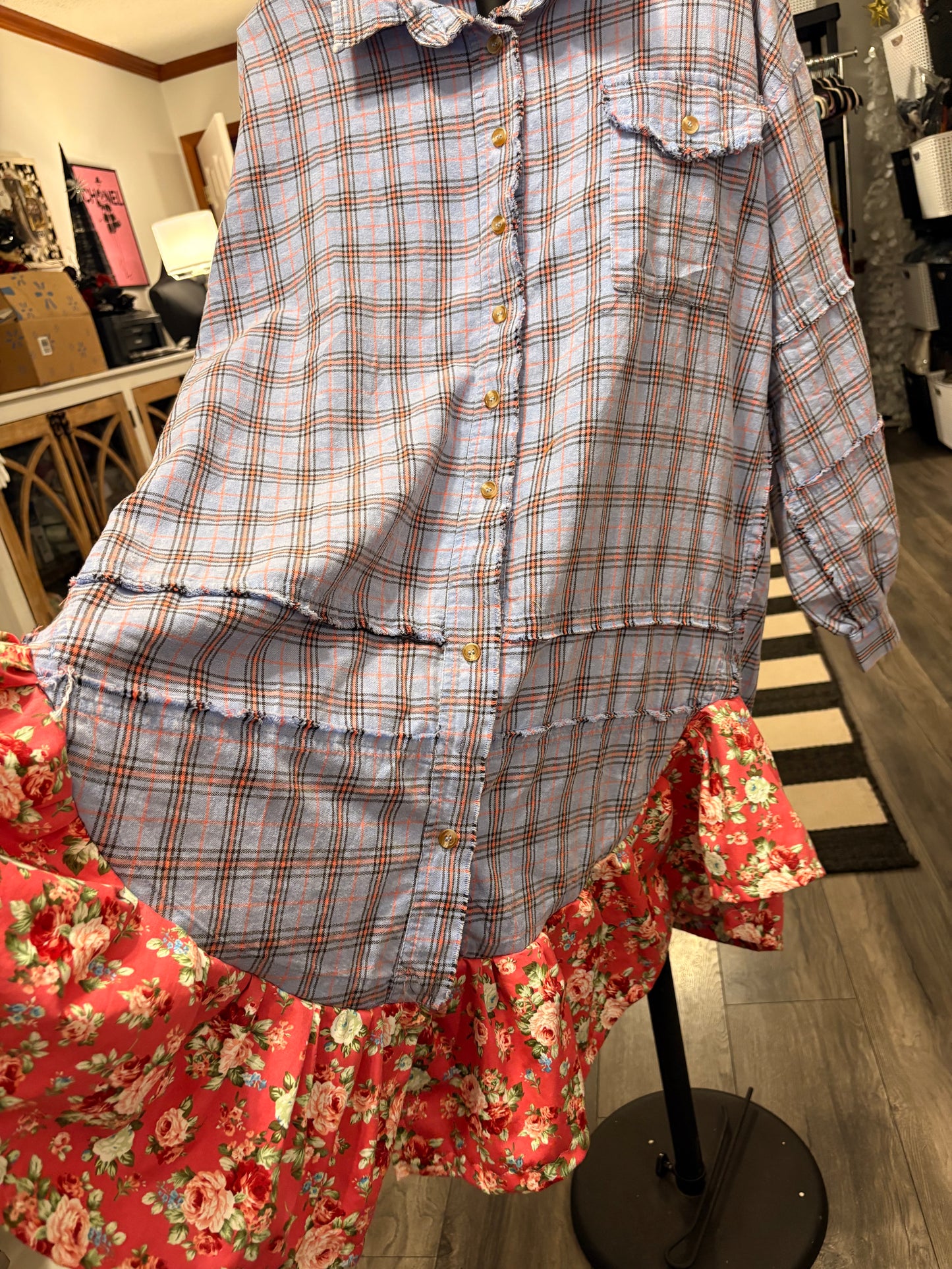 Bethany Upcycled Oversized Frayed Flannel Dress One Size Fits a Small to XXL