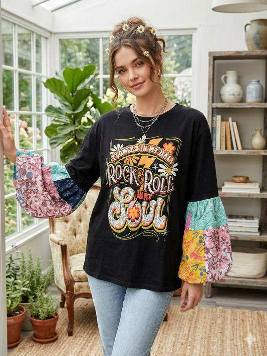 Flowers and Soul Upcycled Patchwork Tee One Size Fits a Small to 2X