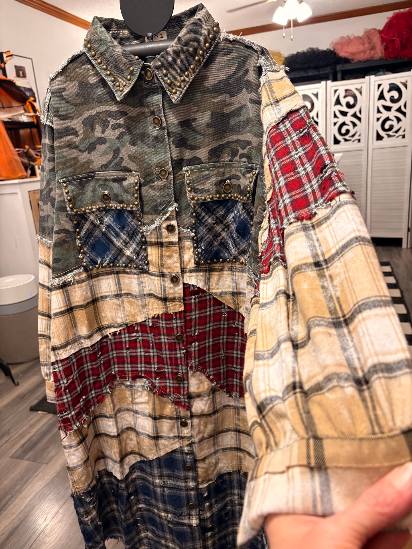 Long Sleeve Plaid Woven Varied Patchwork Maxi Shirt Jacket: CAMO MULTI / M