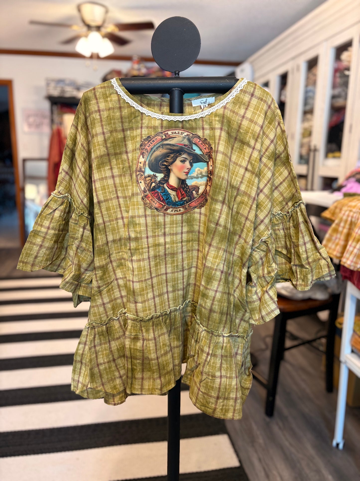 Country Life Upcycled Ruffle Plaid Top OVERSIZED Fits a 2-3X