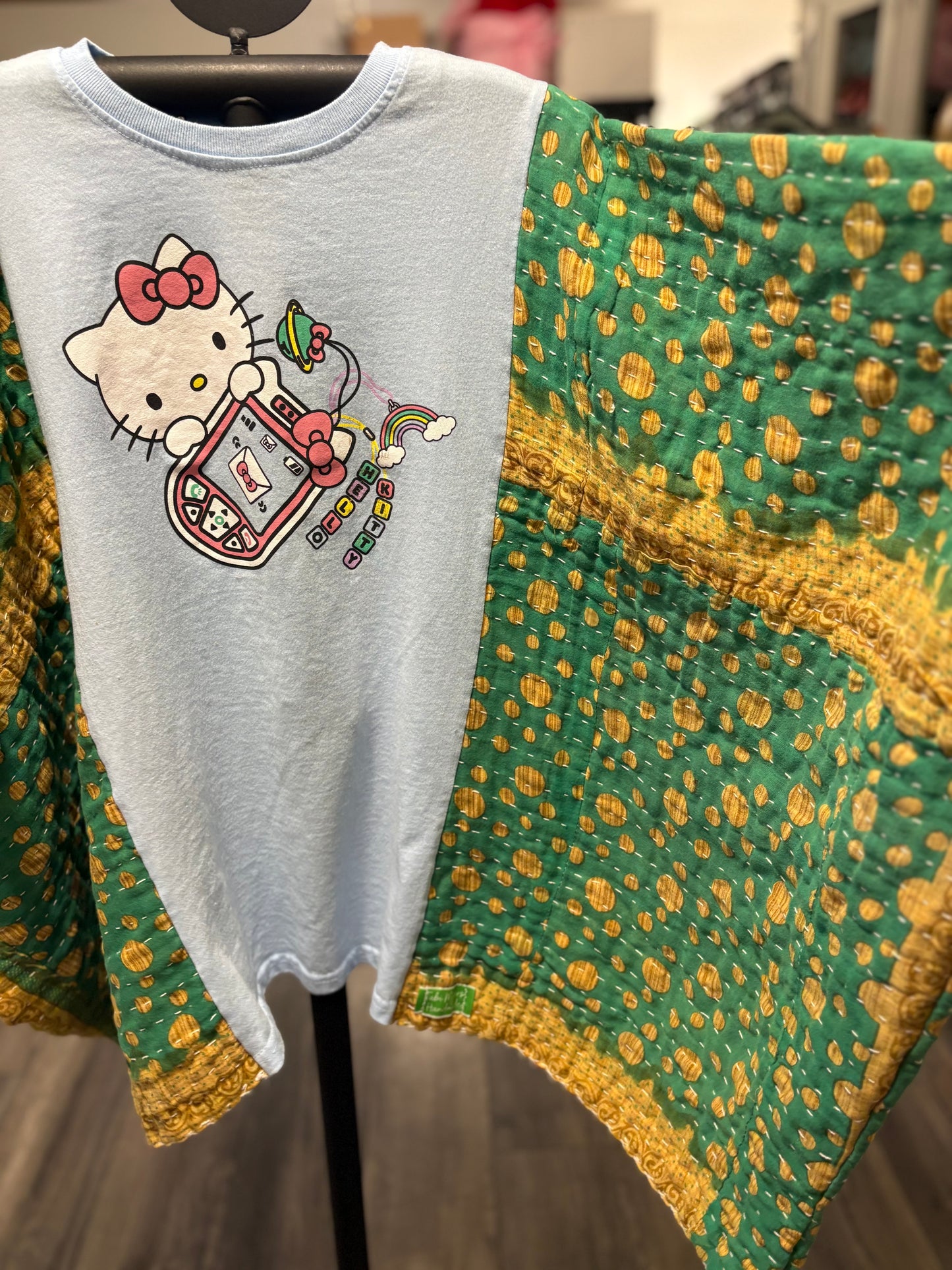 Hello Kitty Upcycled Vintage Kantha Poncho Tee Fits A Size Small to 3X