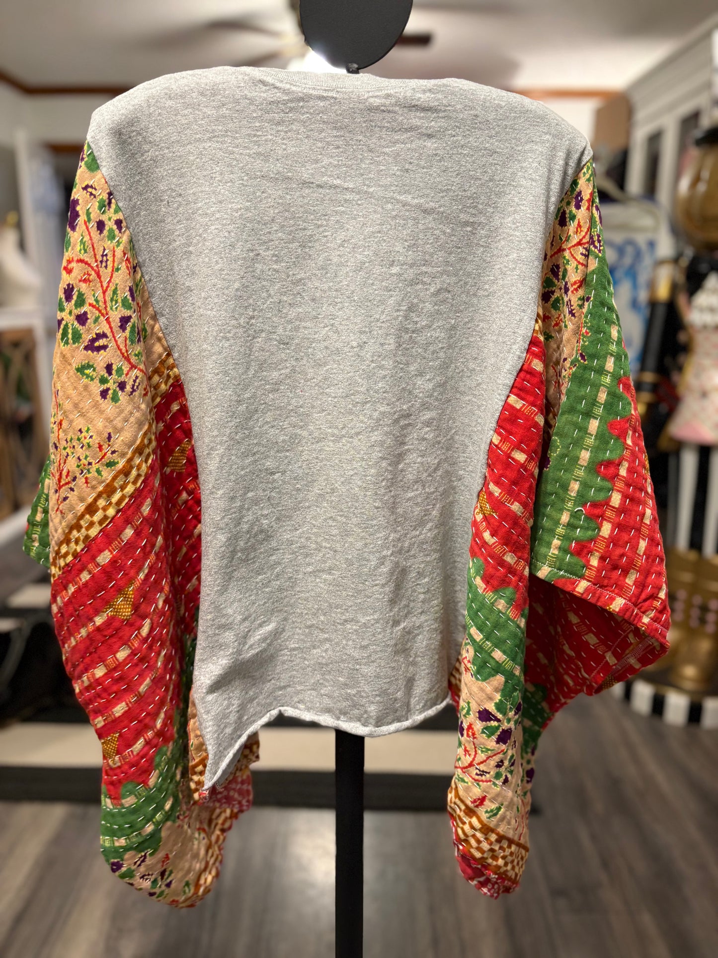 Oh Fudge Upcycled Vintage Kantha Poncho Tee Fits A Size Small to XXL