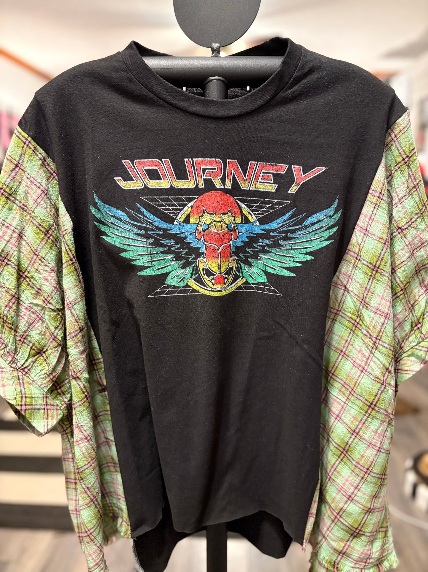 Faithfully Upcycled Drop Sleeve Flannel Tee One Size Fits A Small to Large Oversized