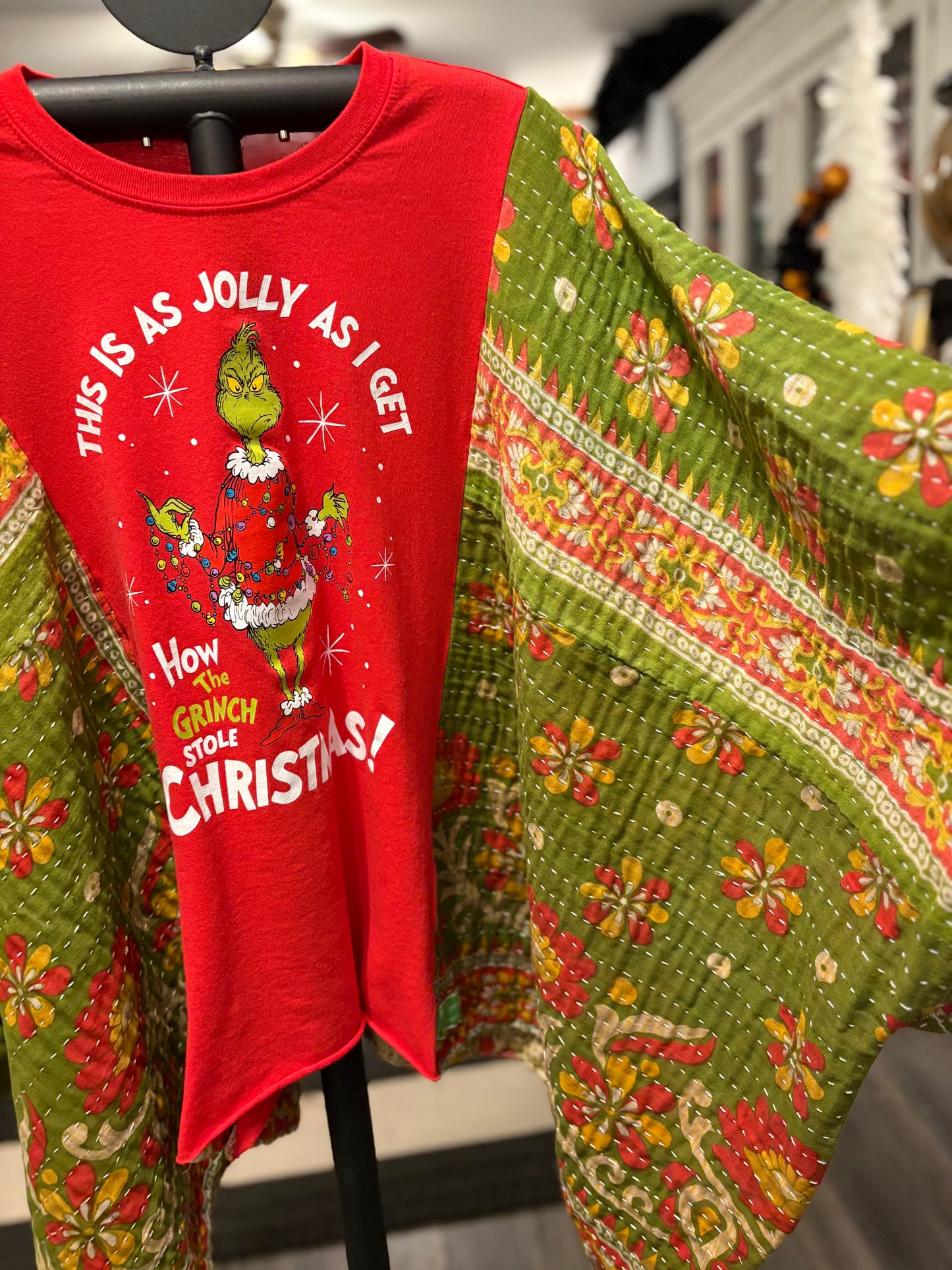 Jolly Grinch Vintage Kantha Quilt Poncho Tee One Size Fits a Small to XXL