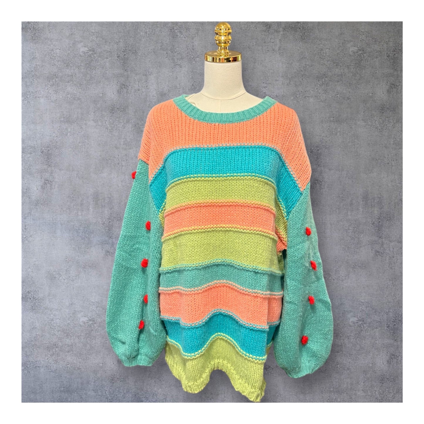 Teal Striped Pom Pom Sleeve Sweater