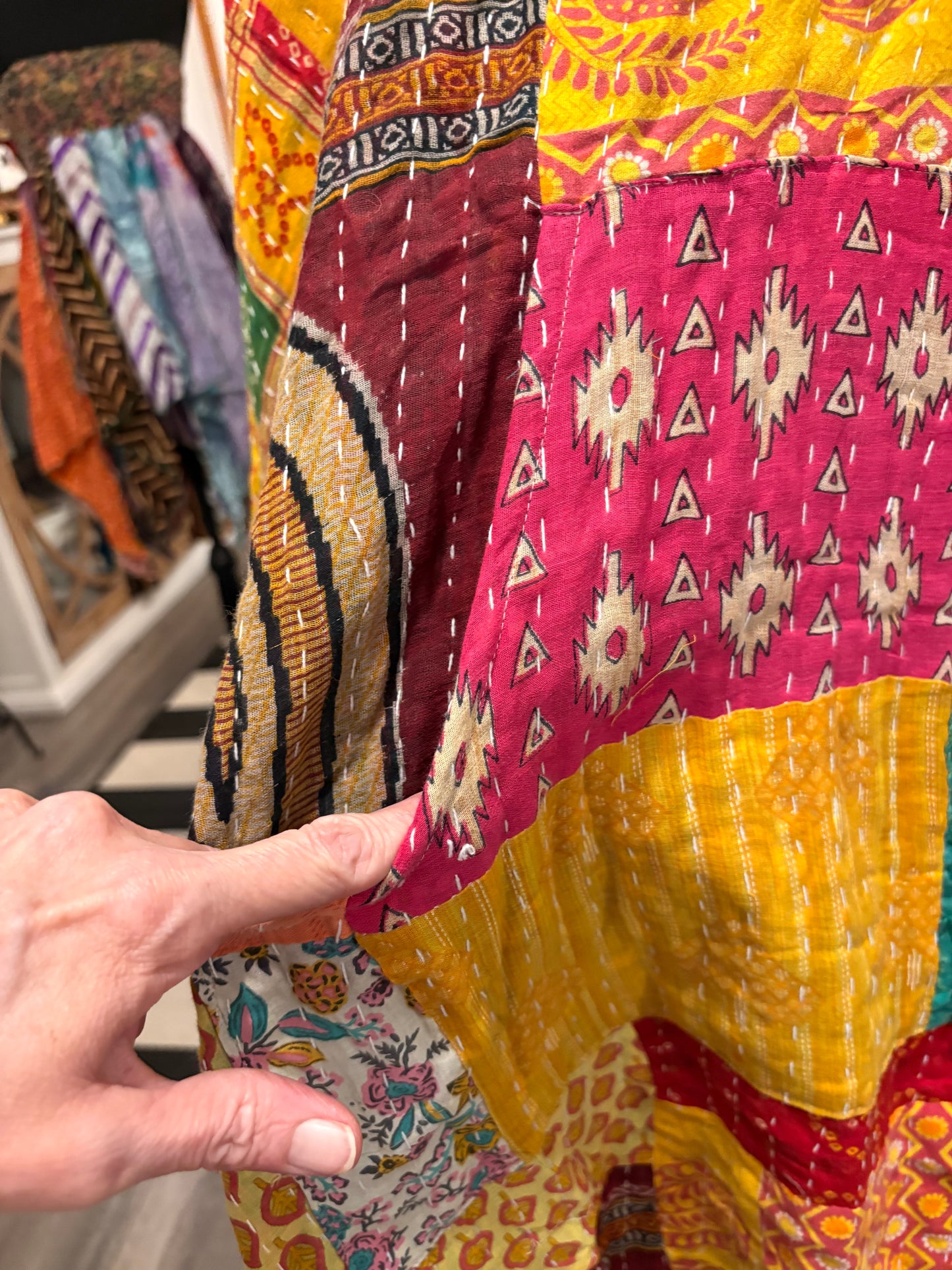 Patience Vintage Kantha Fabric Hood Oversized Poncho Top Dress One Size Fits Most